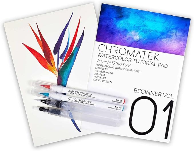 CHROMATEK 30 Watercolor Brush Pens | 15 Page Tutorial Pad & Online Video Series | Brush Tips | Vivid, Blendable Professional Artist Quality | 27 Colors | 3 Aquapens | Complete Water Color Painting Set