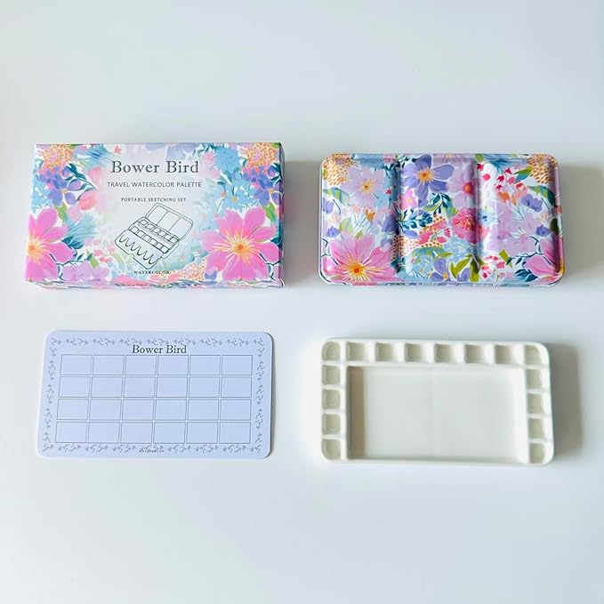 Bower Bird Travel Watercolor Palette,Portable Ceramic Palette,Empty Paint Palette,Small Travel Metal Paint Boxwith Porcelain Palette (16Well)