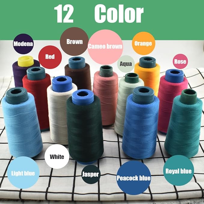 12 Color Sewing Machine Thread 40S/2 2500 Yard Per Overlock Cone Polyester Sewing Threads for Sewing Quilting Machines, DIY Sewing, Hand Embroidery, Serger