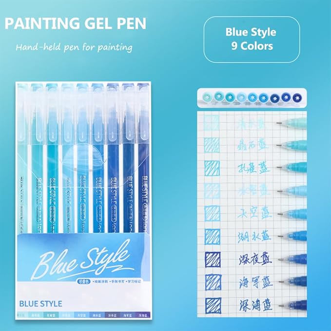 Gel Pens with Fine Point 0.6mm, 9 Colors Drawing Pencils for Adult Coloring Books Smooth Writing Pen Set for Journaling(Blue Style)