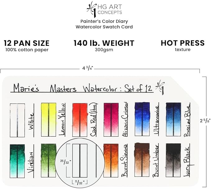 HG Art Concepts Painters Color Diary Watercolor Swatch Card, 12-Pan Size, 10-Pk, 140 lb Hot Press 100% Cotton Paper, Fits New York Central Palette Box, Color Swatch Book for Markers & Colored Pencil