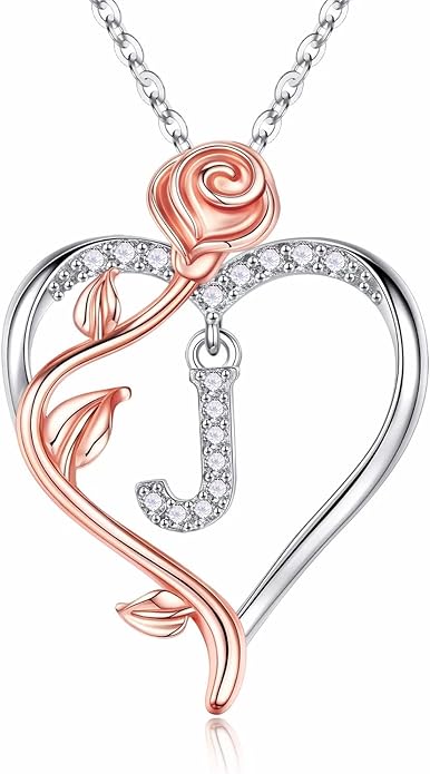 Iefil Christmas Gifts for Women Wife - 925 Sterling Silver Rose Heart Initial Necklace, Anniversary Birthday Gifts for Women, Jewelry Gift for Her Wife Girlfriend Mom Daughter