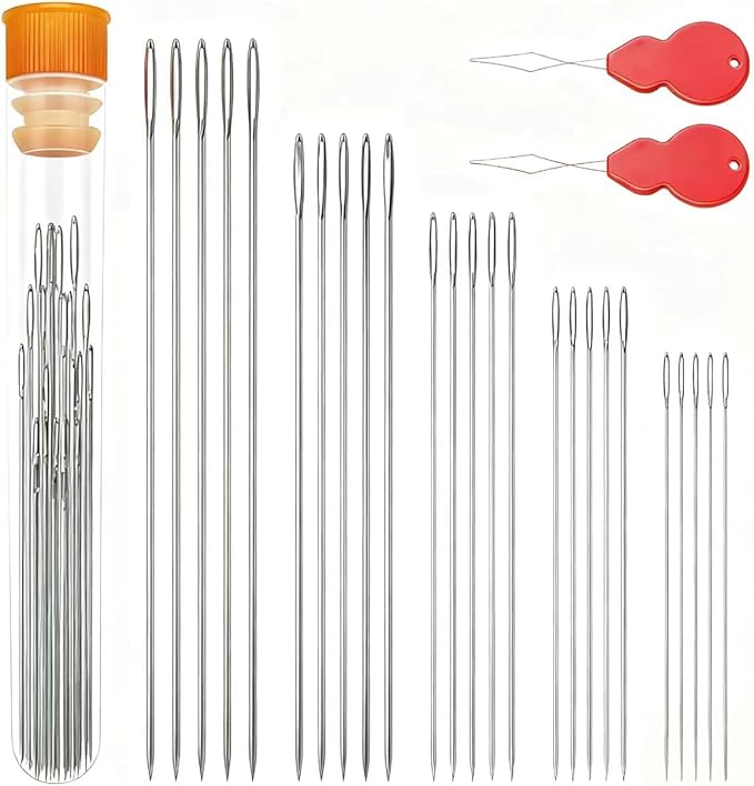 Stainless Steel Large Eye Hand Sewing Needles with Threader - Easy - Load for Seniors,Beginners, Crafts - Sharp for Quilting,Embroidery,Mending - 25 Pcs Set with Storage Case