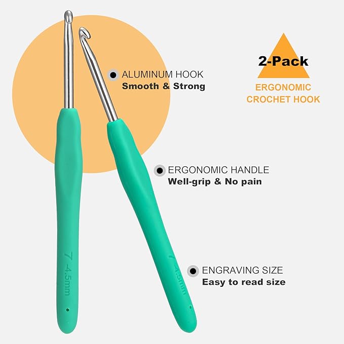 2Pcs 4.5mm Crochet Hooks, Ergonomic Crochet Hook for Arthritis and Beginners, Extra Long, Smooth, Comfortable (7/4.5mm)