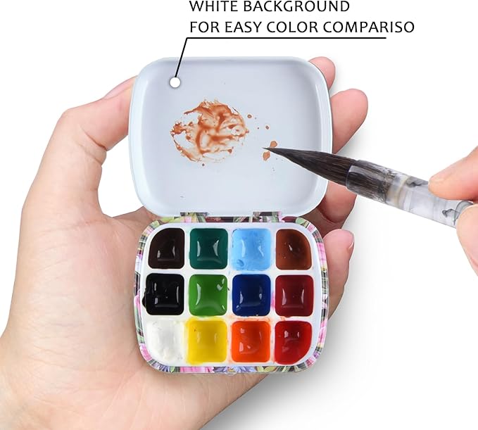Portable Mini Tin Box,12-Well Empty Watercolor Palette,Small Paint Storage Travel Artist Outdoor Sketch Watercolor Kits with Magnetic Clip and Oil Pot.Flowers and Birds