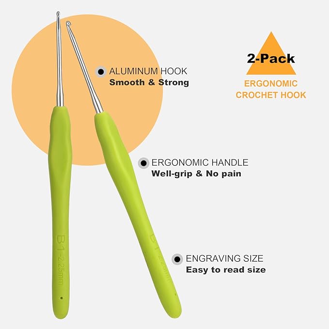 2Pcs 2.25mm Crochet Hooks, Ergonomic Crochet Hook for Arthritis and Beginners, Extra Long, Smooth, Comfortable (Size B / 2.25mm)