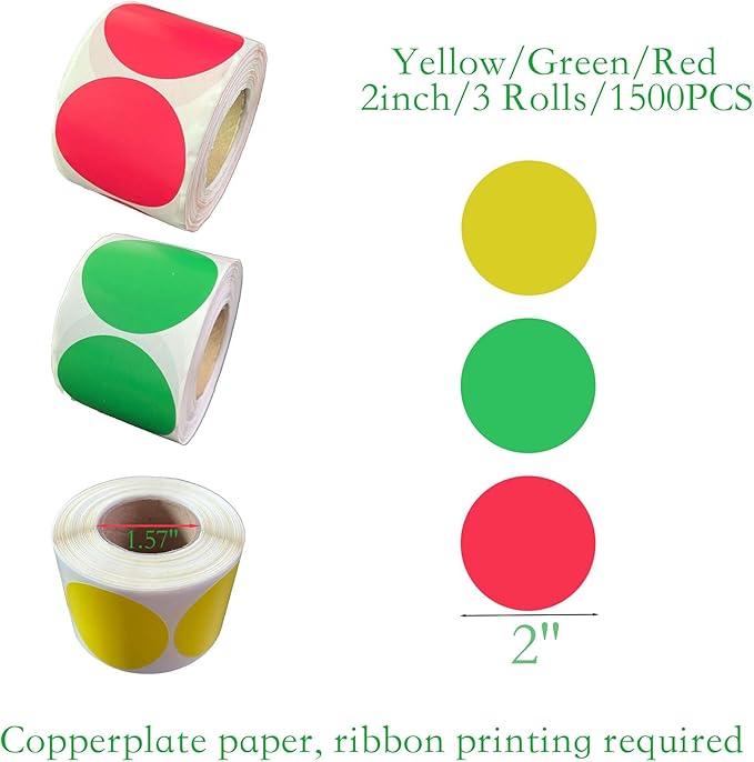 1500 Yellow, Green, Red 2 Inch Round Color Code Dot Stickers for Inventory Organization & File Classification - Blank Labels to Write On