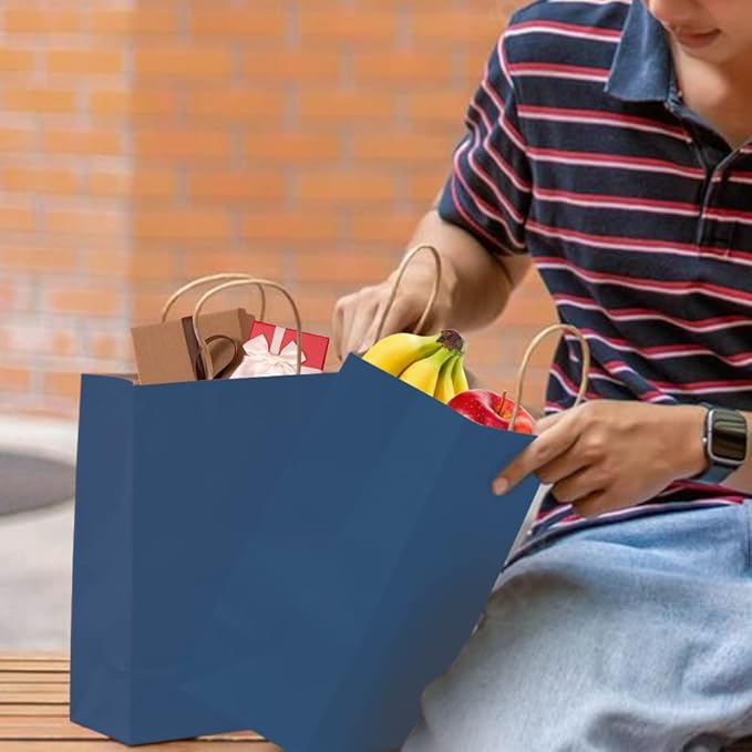 bagmad 50 Pack 8x4.75x10 Inch Medium Blue Kraft Paper Bags with Handles Bulk, Gift Bags, Craft Grocery Shopping Retail Party Favors Wedding Business Sacks (Blue, 50pcs)