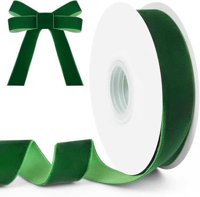 Green Velvet Ribbon, 1 inch 10 Yards Vintage Velvet Ribbons Perfect for Christmas Tree Ornaments, Gift Wrapping, Wedding Decoration, Bows, Sewing, Crafts, Wreath and More