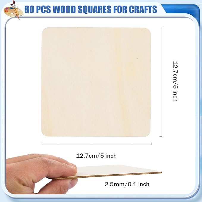 FOBSME 80 Pcs Unfinished Wood Pieces 5x5 Inch Blank Wooden Squares Cutouts Natural Wooden Square Slices for DIY Crafts, Painting, Engraving, Pyrography, Holiday Decor, Coasters, Home Decorations