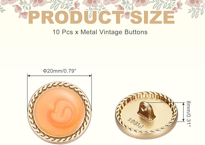 MECCANIXITY Metal Vintage Gold Button 20mm Round Metal Sewing Button Alloy Shank Replacement for Women's Suit Woolen Coat Shirt Dress Sewing Orange Pack of 10