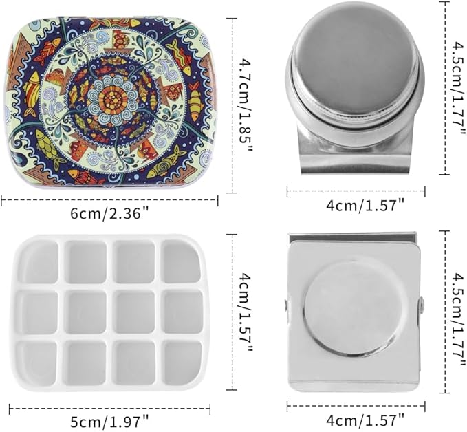 Portable Mini Tin Box 12-Well Empty Watercolor Palette Paint Mixing Tray is a Small Storage Travel Kit with Magnetic Clip and Oil Pot,Making it Outdoor Sketching and DIY Painting.Ethnic Style