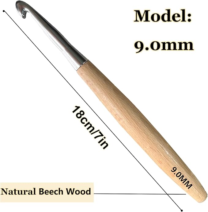 Beech Wood Crochet Hooks,9mm Ergonomic Handle Crochet Hook Hand DIY Comfortable Smooth Long  Crochet Needle for Crocheting Yarn and Beginners,Experienced Crochet Lovers