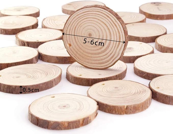 50pcs Wood Slices, BetterJonny 2-2.4 inch Undrilled Wooden Circles Predrilled with Hole Natural Wood Ornaments with 10 Meters Jute Rope for Arts DIY Craft