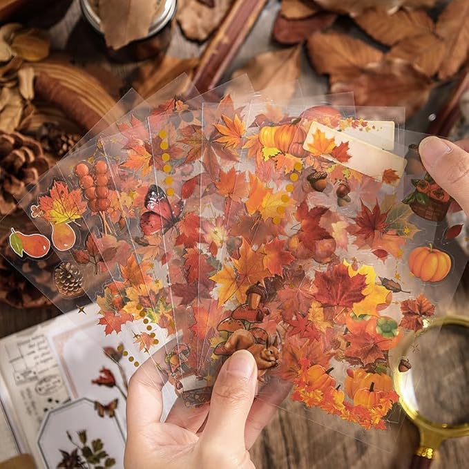 510 Pcs Natural Flower Stickers, 32 Sheets Vintage Leaf, Transparent Waterproof Fall Stickers for DIY Craft, Scrapbook,Card Making,Journal,Planner,Notebook