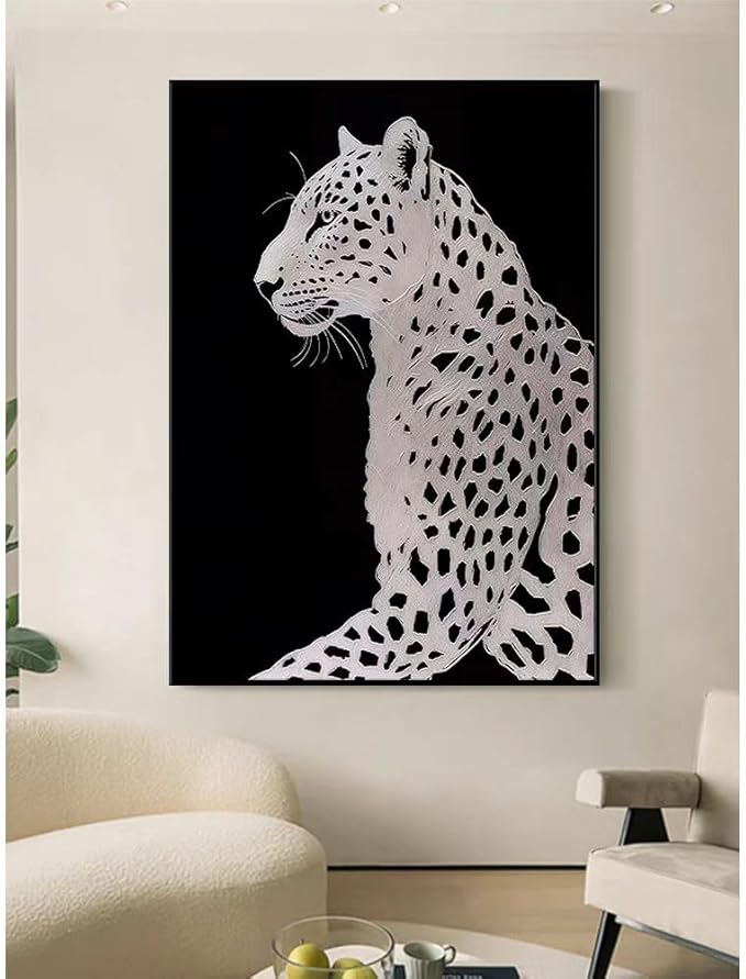 Modern Black and White Leopard Wall Art Canvas, Large Contemporary Wildlife Home Decor, 24x36 inches