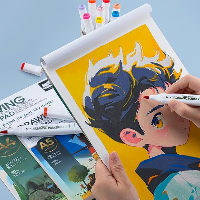 TRANSON Alcohol Markers for Drawing Coloring 48 Colors Dual-tip Fine and Brush Tips
