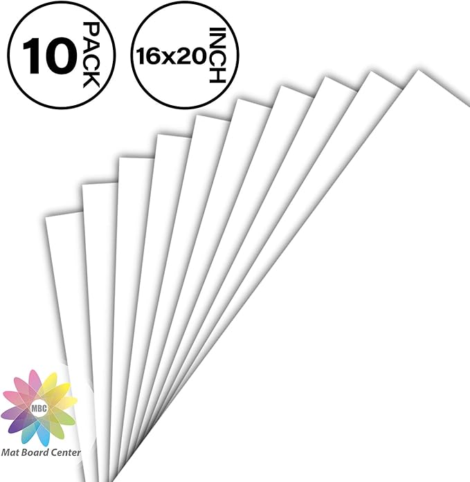 Mat Board Center, Pack of 10 16x20 White Uncut Mat Boards, Acid Free, 4-Ply Thickness, White Core, Great for Pictures, Photos, Framing Backing