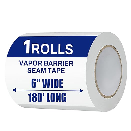 1 Roll, White Vapor Barrier Tape, 6" Wide x 180' Long, PE 9 mm Polyethylene Tape, for Crawlspaces, Underlayment Seams, Metal Building Seams, Excellent Air Barrier, Insulation Repairs