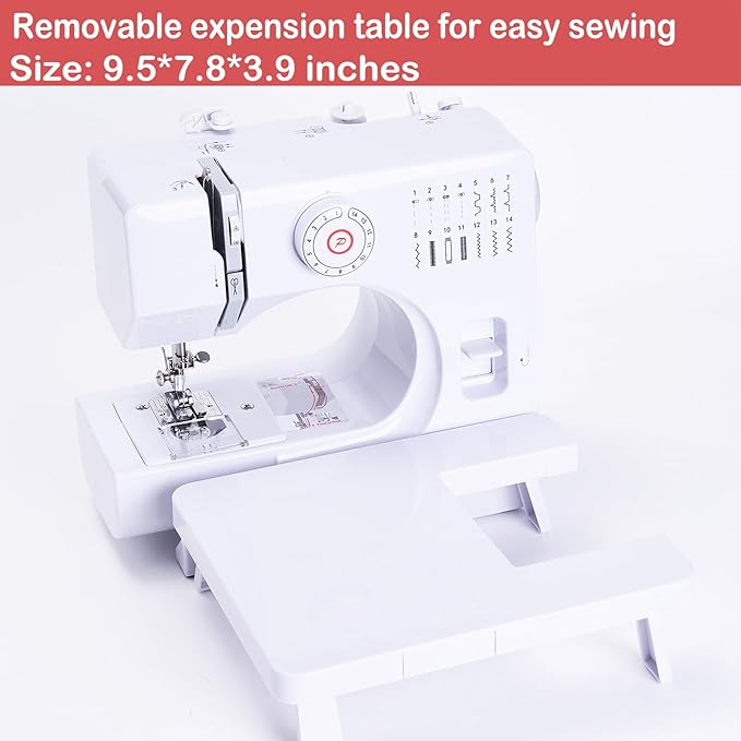 Sewing Machine for Beginners, Electric Mini Portable, 14 Built-in Stitches with Reverse Sewing, 2 Speeds Double Thread with Foot Pedal, Storage Bag, Cotton Fabric and Threads- Extension Table