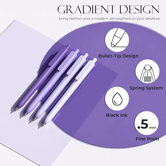 Y YOMA 4 Pcs Fine Point 0.5mm Gel Pen Black Ink Retractable Ballpoint Pen Smooth Writing Quick Dry Gel Pens Cute Aesthetic Pen Pastel Refillable Pen for School Home Office Supplies, Dusty Purple