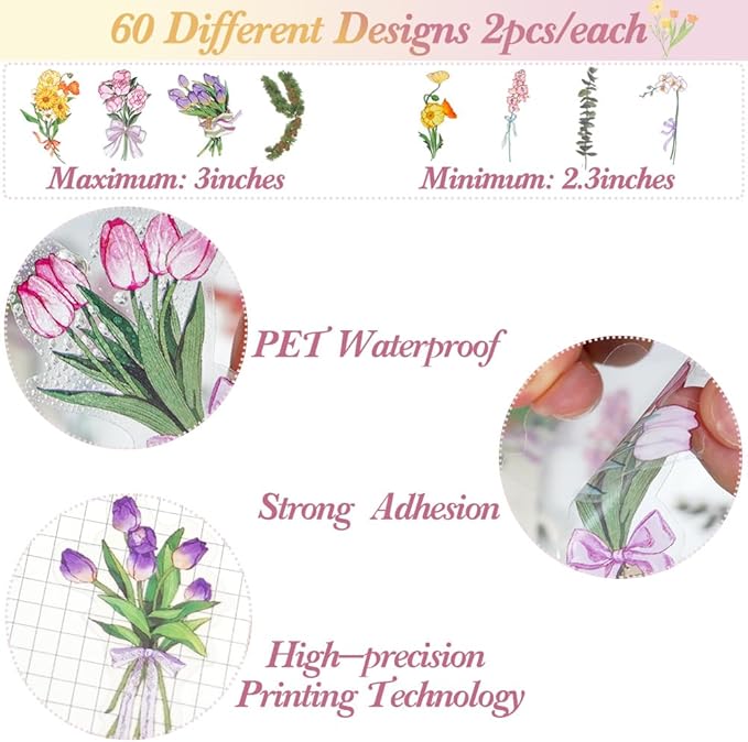 Natural Flower Stickers Set, Colorful Floral Plant PET Decals, Daisy Tulips Lily Rose Pine Branch Leaves Aesthetic Waterproof Stickers for Scrapbook Laptop Bottles DIY Crafts Journals