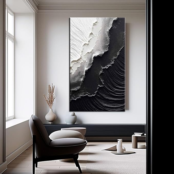 YaSheng Art - Thick Texture Abstract Oil Painting Hand-Painted sea wave Black and White Wall Art Minimalist modern Art Paintings Home Living room Room Dining Room Bedroom Wall Decorative Art Oil Painting 24x48inch
