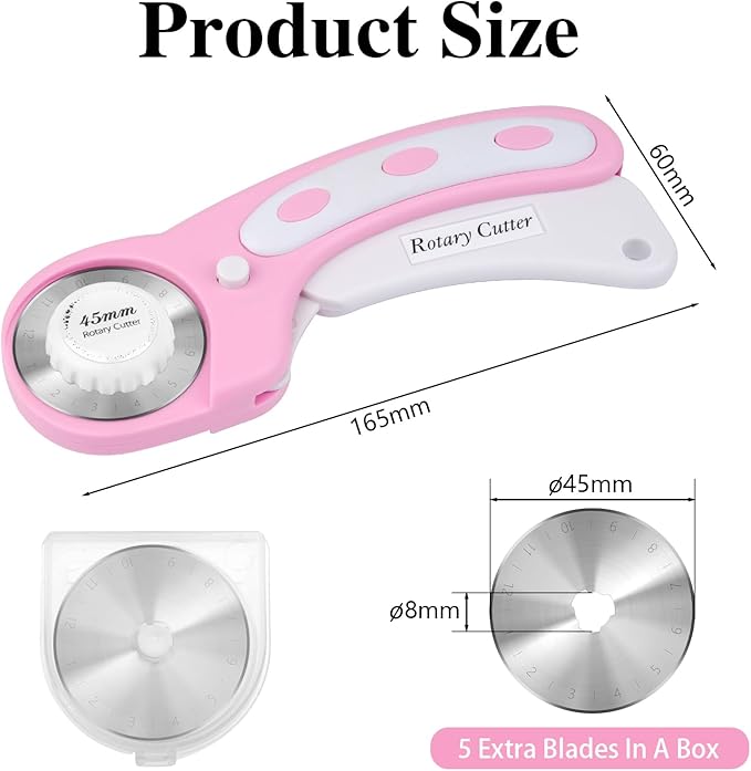 45mm Rotary Cutter for Fabric, Fabric Cutters with 5pcs Extra Rotary Blades, Roller Cutter Set for Sewing, Quilting, Leather & Craft Projects (Pink)