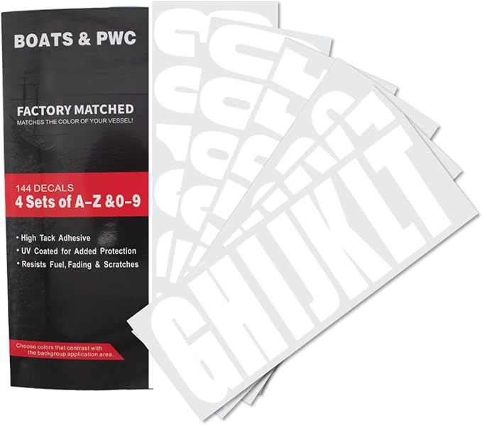 4 Sets of 3" White Marine Boat Sticker Decals A-Z Letters & 0-9 Numbers for Yachts & Personal Watercraft Waterproof Anti-Scratch