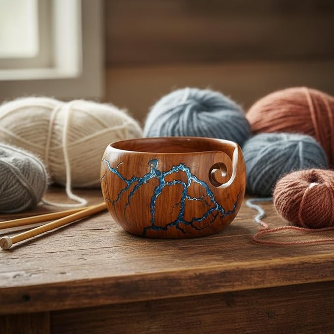 Handcrafted Wooden rose wood Yarn Bowl for knitting & Crocheting Wooden Yarn Storage Bowl With Carved Holes Drills Knitting Crochet Accessories bowl - Christmas Gift