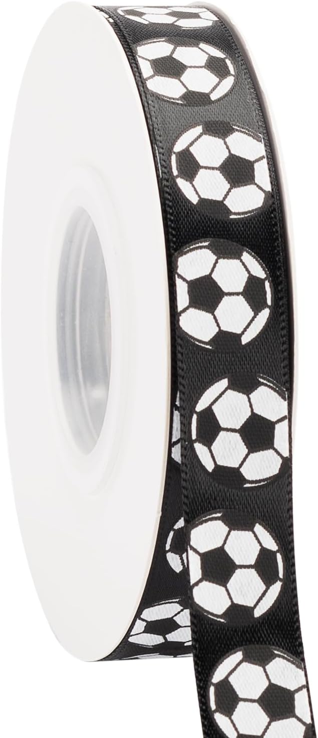 Soccer Ribbon,5/8-Inch x 25-Yard,White/Black,Use for Team Hair Bows,Wreath,Sport Lanyards,Gift Wrapping,Party Decoration,All Crafting and Sewing (Black, 25-Yard)