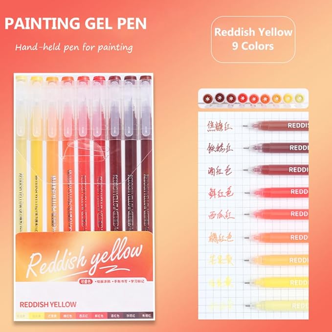 Gel Pens with Fine Point 0.6mm, 9 Colors Drawing Pencils for Adult Coloring Books Smooth Writing Pen Set for Journaling(Reddish Yellow)