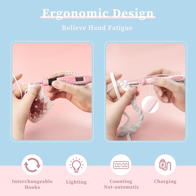 INMAKER Light up Crochet Hook Set, 18in1 Lighted Crochet Hook with Counter, Crochet Needles Gifts for Beginners, Arthritic Hands(2.0-14.0mm)