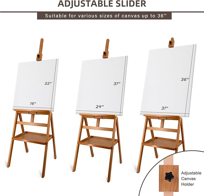 Solid Beech Wood Painting Easel with Storage Plate (60"~75" H), H-Frame Adjustable Art Wooden Easel Stand with Signature Plate for Adults, Students,Sturdy Canvas Holder up to 36''