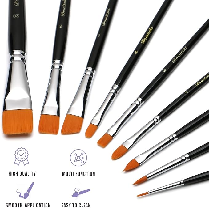 Bowitzki Black Face Paint Brushes 8 pcs,Professional Artist Brush for Body face Painting,Acrylic Painting Watercolor Oil Gouache