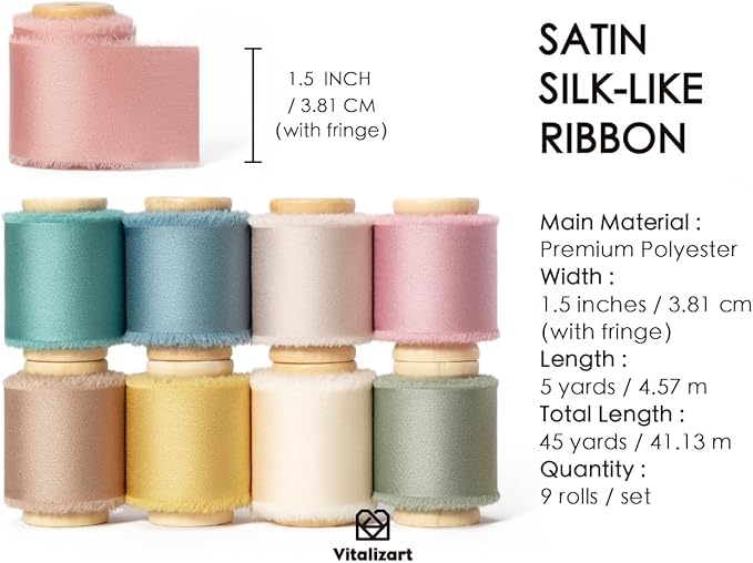 Vitalizart Silk Satin Ribbon 1-1/2 Inch x 45 Yard Wooden Spool Assorted Color Handmade Frayed Ribbons for Gift Wrapping Baby Shower Wedding Bridal Bouquets Holiday Decor 9 Rolls x 5 Yard