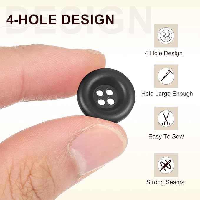 HARFINGTON 50pcs Sewing Button 15mm (5/8 Inch) 4 Holes Resin Thickened Round Crafting Replacement Buttons for Clothing DIY Crafts Decoration, Black