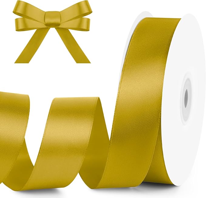KMER LIFE 1 inch Wide x 50 Yards Golden Single Faced Polyester Satin Ribbon, Golden Satin Ribbon Perfect for Wedding Decor, Wreath, Crafts, Gift Wrapping & Other Projects (Golden)