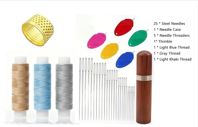 35PCS Large Eye Sewing Needles, Big Eye Steel Needle Set, Stainless Steel Needles for Hand Sewing, Stainless Steel Yarn Knitting Needle with Threader Thimble for Crafts, Repair Quilting