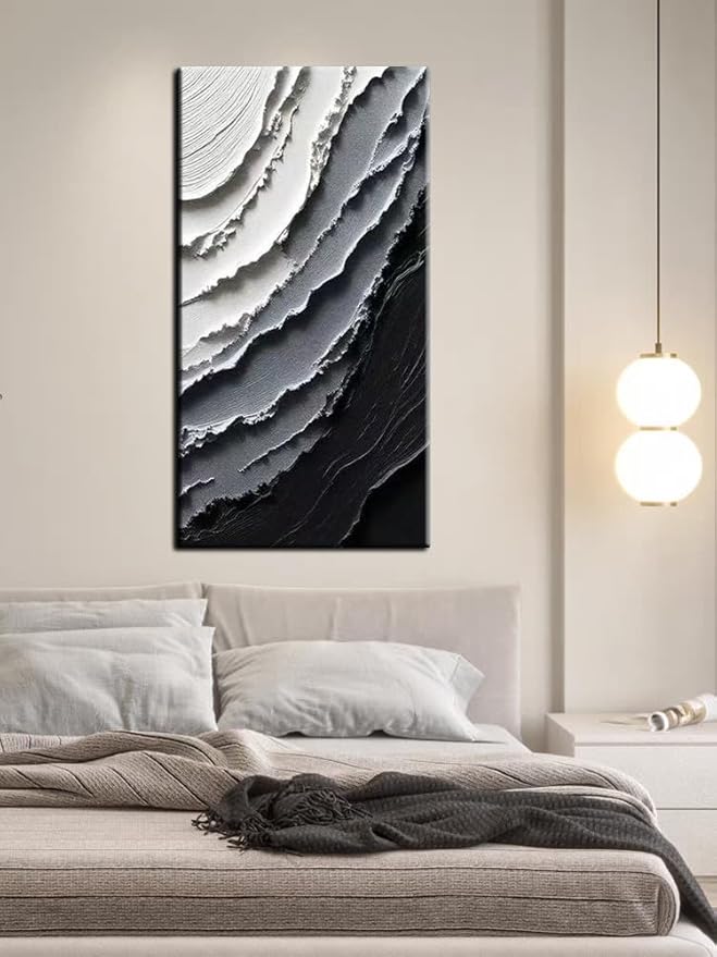 YaSheng Art -Handmade Modern Abstract Wall Art, Black and White Gradient Canvas Print, Large Vertical Wall Art for Living Room Bedroom Office Decor, 24x48inch Ready to Hang