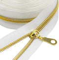 MebuZip #5 Gold Metallic Nylon Coil Zippers by The Yard Bulk Coil Zipper Roll 10 Yards with 25pcs Pulls for DIY Sewing Craft Bags (White)