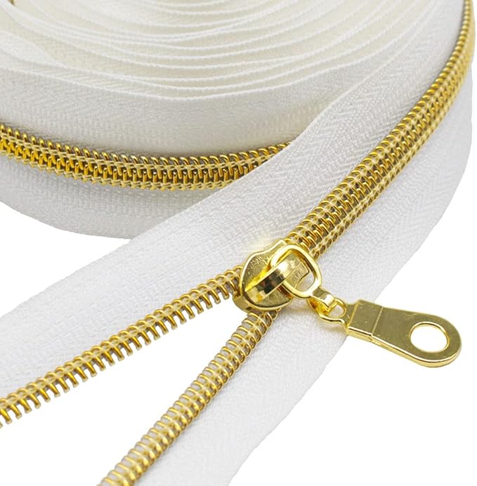 MebuZip #5 Gold Metallic Nylon Coil Zippers by The Yard Bulk Coil Zipper Roll 10 Yards with 25pcs Pulls for DIY Sewing Craft Bags (White)