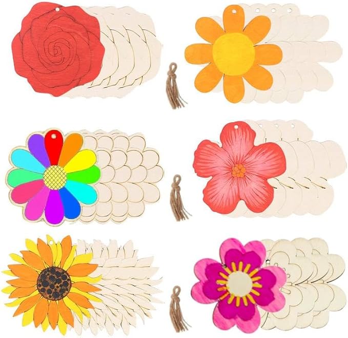 60 Pcs Wooden Ornaments, BetterJonny 3.15 * 2.56in Unfinished Natural Wood Slices with Holes Blank Wood Discs with 60pcs Jute Rope for DIY Christmas Decoration