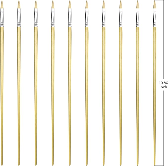 Filbert Artist Paint Brush 10 Piece Set Medium Stiff Pure Hog Bristle Extra Long Handle #0, Acrylic Oil Watercolor