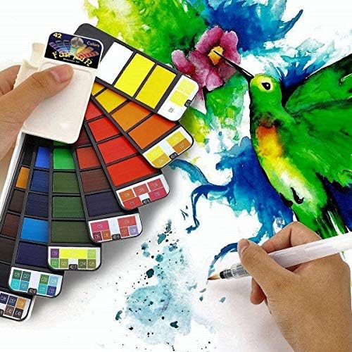 Fan-PAN Watercolor Paint Set - 42 Assorted Colors, Portable Foldable Pocket Artist Grade Professional Travel Watercolor Paint Kit w/Paint Brush and Arches 140lb Cold Press Watercolor Block 7" x 10"