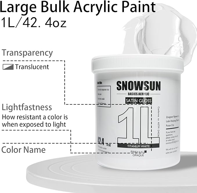 SNOWSUN Basics Titanium White Acrylic Paints, Large Bulk Acrylic Paint (42.4 oz, 1000ml) Non Toxic Gloss Heavy Body Art Paint for Multi-Surface, Ideal for Canvas Wood Ceramic Fabric and Nail Art Leather, Stone Craft, for Artists & Beginners
