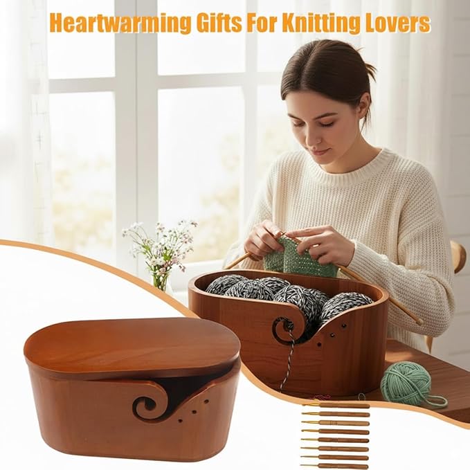 Large Oval Wooden Yarn Bowl Set – Portable Crochet Bowl with 9 Knitting Hooks + 5 Hooks + Yarn Ball, Complete Holiday Gift for Beginners & Enthusiasts Mother's Day gift