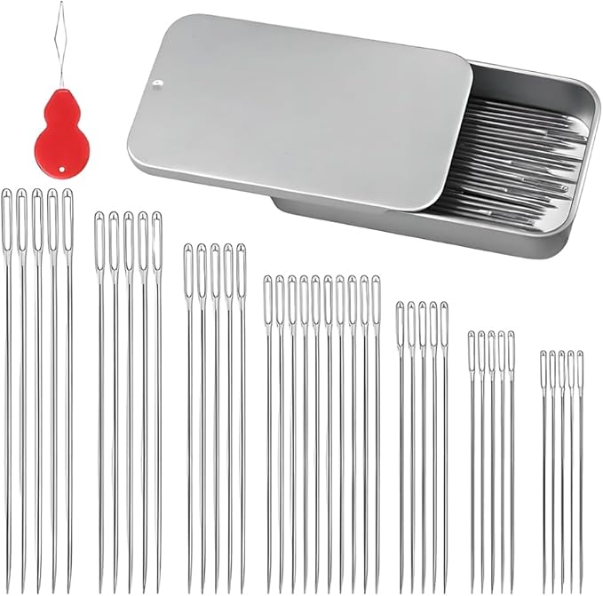 40 PCS Big Eye Steel Sewing Needles Kit, 7 Sizes Stainless Steel Needles for Hand Sewing, Embroidery Knitting Sewing Sharp Needles with Threader Sewing Supplies Sewing Tool Set (40 PCS)