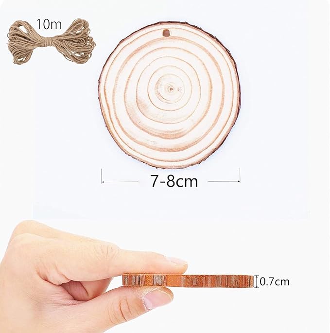 30pcs Wood Slices, BetterJonny 2.75-3.15 inch Undrilled Wooden Circles Predrilled with Hole Natural Wood Ornaments with 10 Meters Jute Rope for Arts DIY Craft