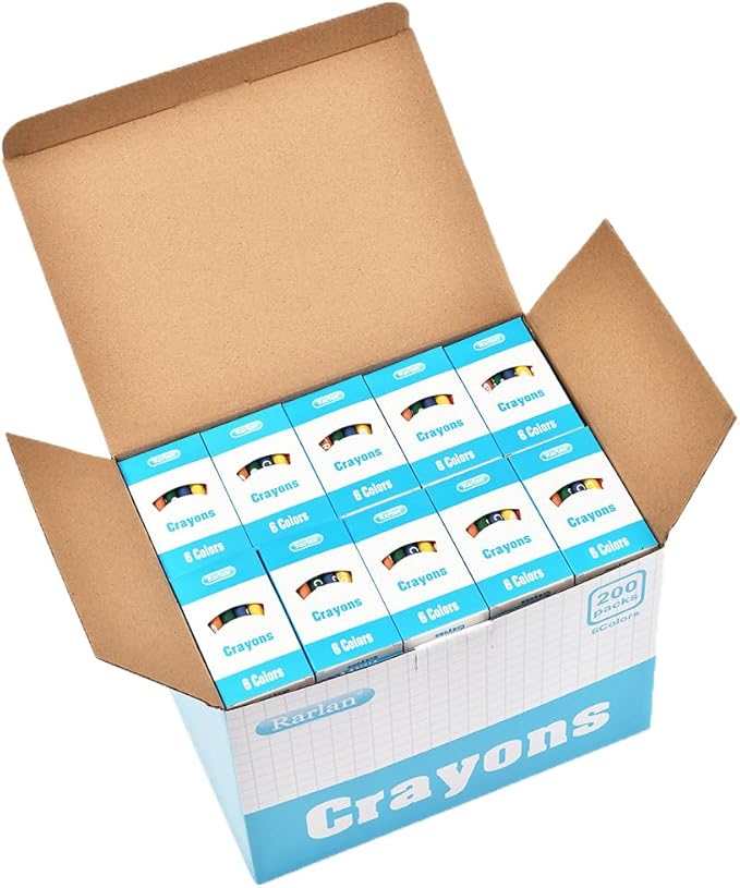 Rarlan Crayons Bulk, 6 Colors, 200 Boxes, 1200 Count Crayons